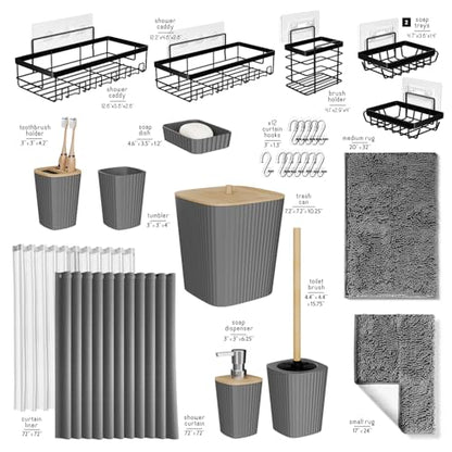 Clara Clark Bathroom Accessories Set - 27PC Bathroom Set with Adhesive Corner Shower Caddy Hanging, Bathroom Sets with Shower Curtain and Rugs, Grey Shower Curtain Set with Bathroom Trash Can | 27 Piece Grey Bathroom Sets with Shower Curtain and Rugs with