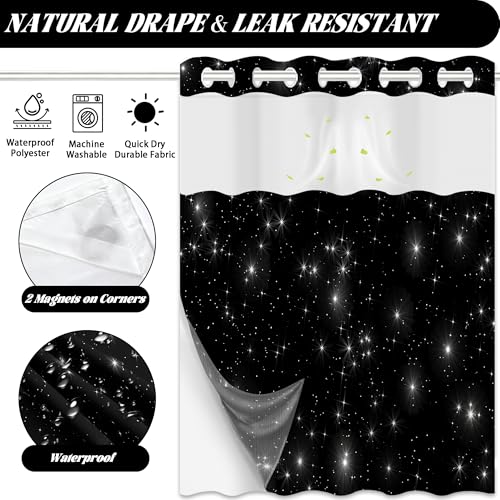 Star Space Hookless Shower Curtain with Snap in Liner, Black and White Watercolor Night Sky Galaxy No Hook Double Layer Shower Curtains and Liner Set, Waterproof Cloth Fabric, 71" W X 74" L - color: Black White, size: 71"W x 74"L (Pack of 1)