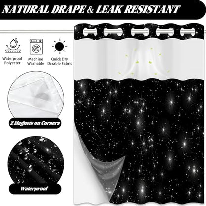 Star Space Hookless Shower Curtain with Snap in Liner, Black and White Watercolor Night Sky Galaxy No Hook Double Layer Shower Curtains and Liner Set, Waterproof Cloth Fabric, 71" W X 74" L - color: Black White, size: 71"W x 74"L (Pack of 1)