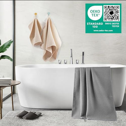 POLYTE 430 GSM Poly Blend Microfiber Quick Dry Waffle Bath Towel Set of 6 | 2-Body Towels, 2-Hand Towels, 2-Wash cloths, Oversize, Lint Free - color: Gray,light Beige