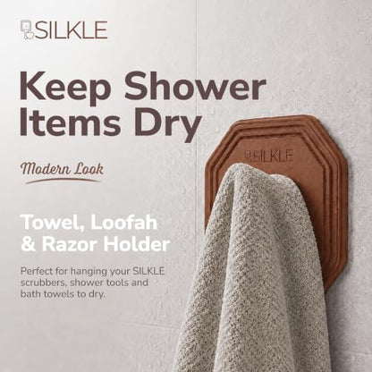 SILKLE Silicone Shower Hooks for Inside Shower, 2-Pack Adhesive Towel Hooks | Adhesive Shower Hooks, No Drill - Razor & Loofah Holders for Shower Wall, Heavy-Duty, Waterproof, Damage-Free - Brown - color: Brown