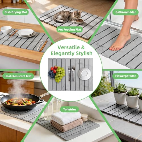 Large Stone Dish Drying Mat for Kitchen Counter, 24"×16" Foldable Quick Drying Mat, Absorbent Diatomaceous Earth Drying Mat for Bottles Cups Dishes, Match Any Countertop (Gray Marble, 24" x 16") - color: Gray Marble
