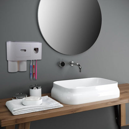Wall Mounted Toothbrush Holder Set with Toothpaste Dispenser 2 Cups Punch Free Bathroom Toothbrush Organizer Rack Overhang Gargle Rack for Bathroom Storage