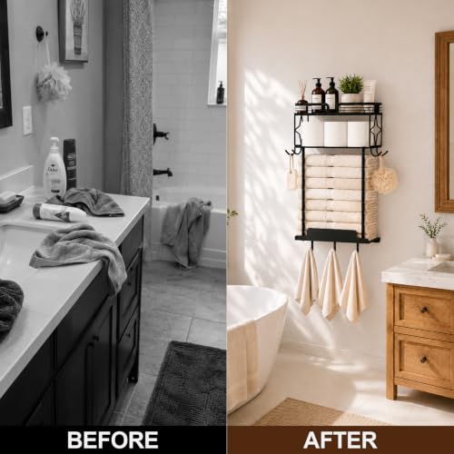 Towel Racks for Bathroom 23.8 Inch Wall Mounted Towel Rack with Shelf, Small Bathroom Towel Storage Holds 3–6 Large Rolled Towels, Metal Wall Towel Rack, Black - size: 23.8inch