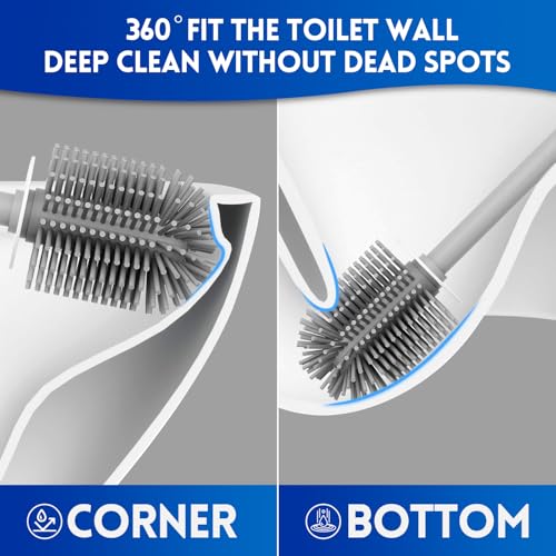 Y-in Hand Toilet Brush and Holder Set, Silicone Toilet Bowl Cleaner Brush Bristles, Bathroom and RV Cleaning Tools, Space Saving Toilet Scrubber, Wall Mountable. (Grey) - color: Grey Silicone
