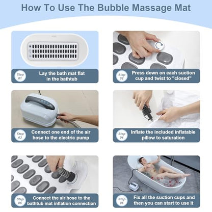 Bubble Bath Massager Mat with 6-Level Adjustment & Remote Control | Upgraded anti-slip suction cup，Inflatable pillow，Portable storage，Relieve muscle soreness and fatigue - color: White