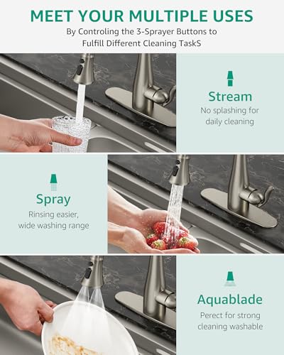 Mbillion Universal Brushed Nickel Kitchen Faucet Sprayer Head Replacement | 3 Function ABS Sink Faucet Head, Pull-Down Nozzle with 14 Adapters, Compatible with Moen,Delta,Kohler,WEWE American Standard - color: Brushed Nickel