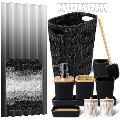 XLHOMO Black Bathroom Accessories Set with Wicker Trash Can Shower Curtain and Rugs,Bathroom Sets Small Waste Basket Bathroom Trash Can for Bedroom Bathroom - size: Wicker Bathroom Set+Shower Curtain+Bath Rugs, style: Black