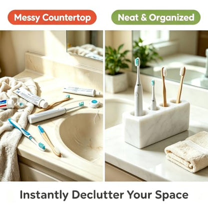 Marble Toothbrush Holder, 4 Slots for Multiple Toothbrushes | Toothbrush Stand Fits Electric Toothbrush, Toothpaste, Razor & Makeup Brushes, Luxury Stone Storage Toothbrush Organizer