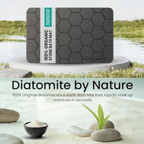 Stone Bath Mat - Premium Instant Absorption Natural Diatomaceous Earth Shower Mat 24"x16", Anti-Mold - Non-Slip Design, Ultra-Fast Drying Bathroom Floor Mat with Honeycomb Pattern, Gray