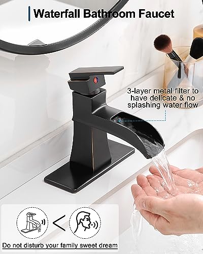 Brass Bathroom Waterfall Faucet, Oil Rubbed Bronze Bathroom Faucet 1 Hole or 3 Holes (4 Inch), Single Handle with Deck Plate, Pop-Up Drain & Water Hoses for RV Vanity Farmhouse, 5 Mins Install - color: Oil Rubbed Bronze