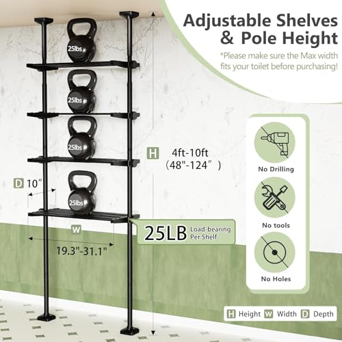 Bonpally Over The Toilet Storage Shelf, 4-Tier Adjustable Bathroom Organizer, No Drill Tension Mounted Shelves, Space-Saving Bathroom Cabinet Rack Above Toilet for Small Rooms, Black - color: Black