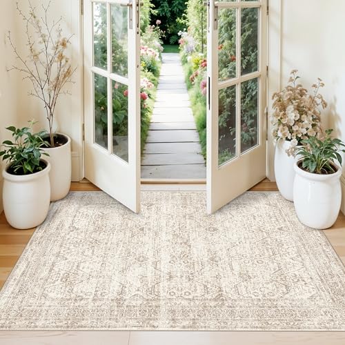 3x4 Area Rug Entryway Washable: Small Non Slip Front Door Mat with Rubber Backing for Bathroom Kitchen Indoor Entrance, Neutral Boho Low Pile Vintage Carpet for Bedroom (Ivory Taupe 3ft x 4ft) - color: Ivory Taupe, size: 3' x 4' (Rectangular)