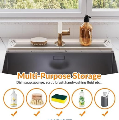 Diatomite Faucet Mat, Water Absorbent Sink Splash Guard, Quick Dry Countertop Drip Tray, Non Slip Grooved Surface, Sleek Smooth Edge, For Kitchen Bathroom Apartment RV, White Modern 60x10cm 0.9cm Thic
