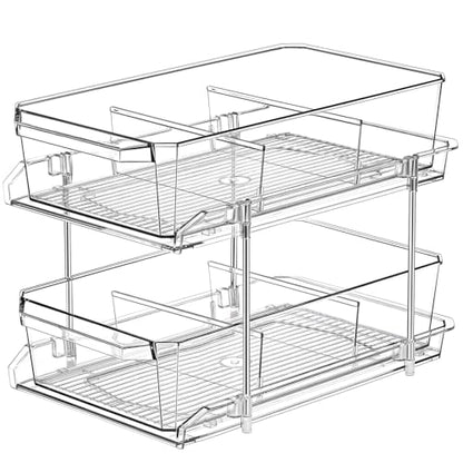 2 Tier Clear Organizer with Dividers for Cabinet, Shlef, Counter - MultiUse Slide-Out Storage Container - Kitchen, Pantry, Medicine Cupboard Bins, Bathroom, Vanity Makeup, Under Sink Organizing - size: 8" W - 1 Set