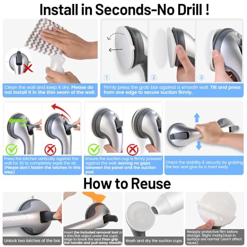 2PK Grab Bars for Shower Handle, Elderly Assistance Products Silver | Seniors Removable Bar Safety, Suction Cup for Bathtubs and Showers/Bathroom/Walls, Heavy Duty Handrails Grip, No Drilling - color: Silk Silver-2 PACK