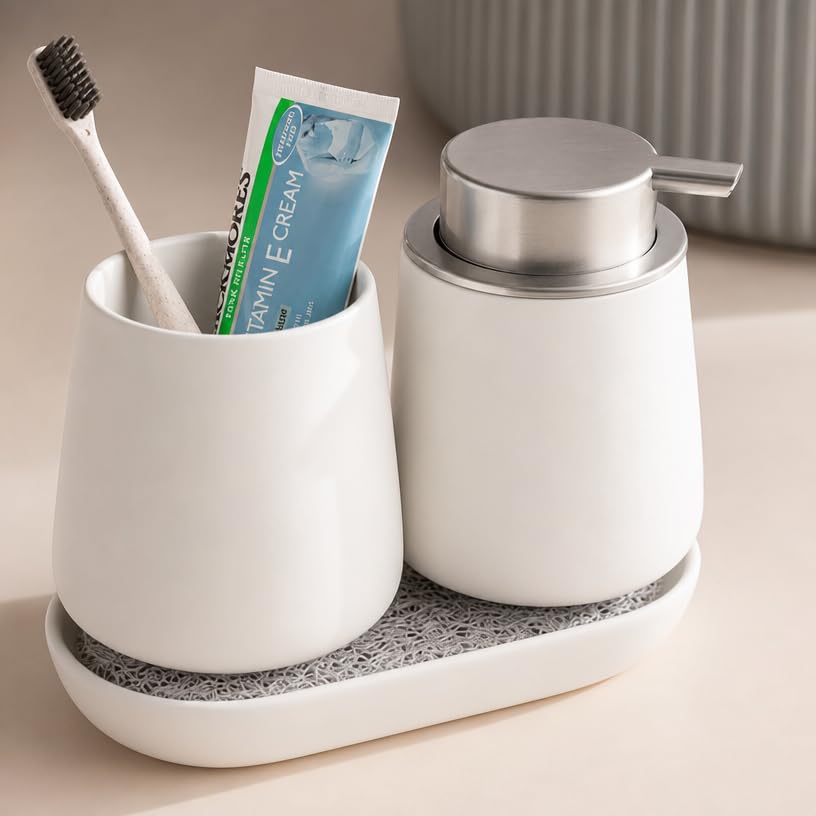 Ceramic Bathroom Accessories Set, 3 Pieces with Soap Dispenser, Toothbrush Holder, and Cup, Matte Black, Polished Finish (White) - color: White