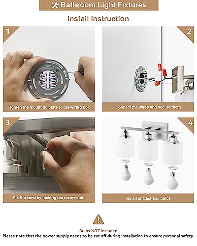 Bathroom Light Fixtures Over Mirror, 3-Light Vanity Lights Brushed Nickel, Modern Bathroom Vanity Light, Glass Shade & Anti-Rust Nickel Finished, Bathroom Light for Small Space - color: Brushed Nickel-3 Light