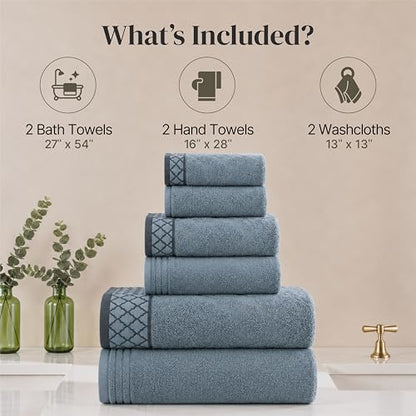 Modern Threads 6 Piece Cotton Bath Towel Set – Ultra Soft 550 GSM Towels – Bathroom Set with Hand Towels and Washcloths – Diamond Border (Sage Mist) - color: Sage Mist, style: Diamond Border