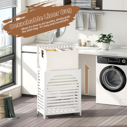 Laundry Hamper with Lid, Bamboo with Handles and Removable Liner Bag, 125L Laundry Basket for Bedroom, Bathroom & Laundry Room (White) - color: White