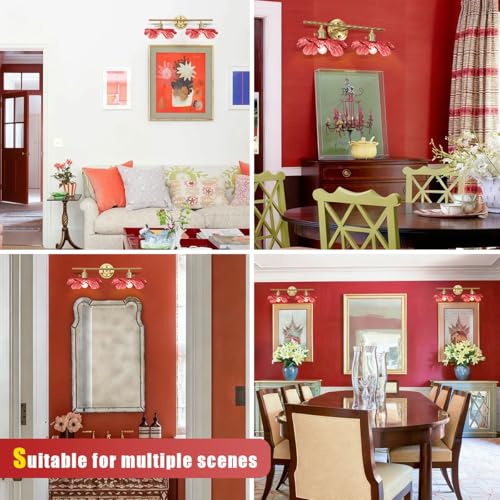 2-Light Red Floral Wall Sconce Mid Century Antique Gold Bathroom Vanity Light with Metal Base, Wall Lighting Fixture Over Mirror for Living Room Bedroom Hallway - color: 2-light, Red