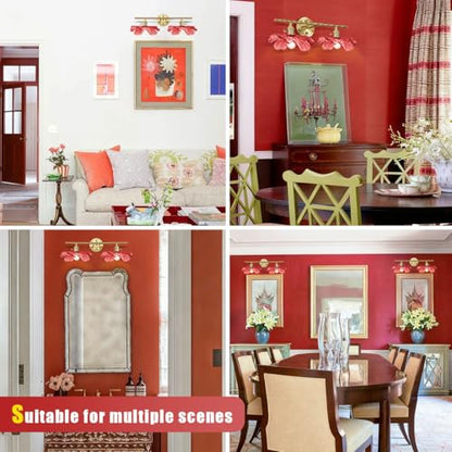 2-Light Red Floral Wall Sconce Mid Century Antique Gold Bathroom Vanity Light with Metal Base, Wall Lighting Fixture Over Mirror for Living Room Bedroom Hallway - color: 2-light, Red