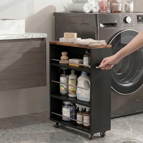 4-Tier Slim Rolling Cart with Wheels, 7.9"W Narrow Storage, Black & Brown | 4 adjustable MDF shelves (20 lbs each), 360° casters + side handle, Fits kitchen, laundry, bathroom & dorm tight gaps - color: Black