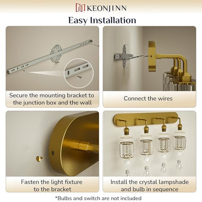 Keonjinn 4-Light Bathroom Light Fixtures, Crystal Gold Bathroom Vanity Lights Over Mirror, Vanity Lighting Fixtures with Crystal Square Shades (E26 Socket, Exclude Bulb) - color: Gold, size: 4-Light