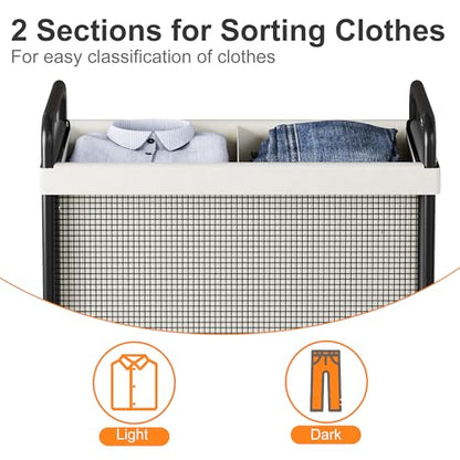 WOWLIVE Rolling Laundry Hamper 2 Section, 100L Laundry Basket with Wheels | Double Laundry Sorter with Metal Handle and Removable Bag, Large Clothes Hamper for Laundry Room, Bathroom and Dorm, Beige - size: 2-Section