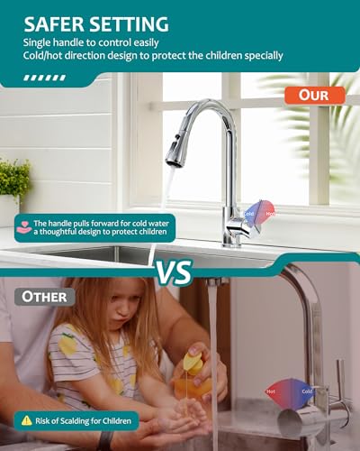 VFAUOSIT Kitchen Faucet with Pull Down Sprayer, Polished Chrome High Arc | 3 Spray Modes, 360° Swivel, Lead-Free SUS304 Steel, cUPC/CEC Certified, Fingerprint-Resistant Finish, Ceramic Disc Valve - color: Chrome