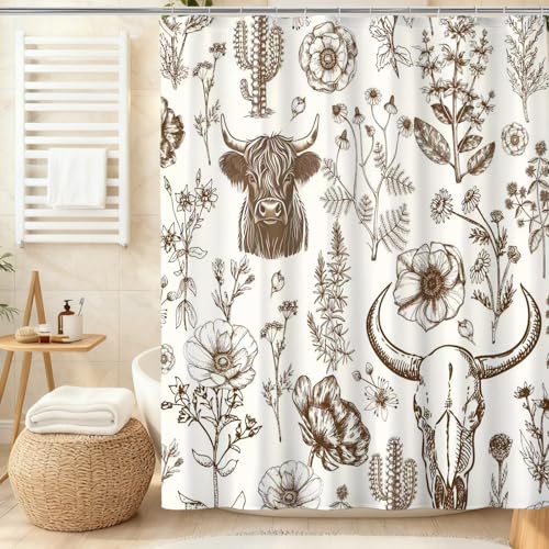 Wild West Bull Skull Shower Curtain Western Cactus Cow with Flowers Shower Curtains Brown Southwestern Bathroom Shower Curtain Set Bohemian Farmhouse Nature Bathroom Home Decor 72X72 inches - color: Brown Cream