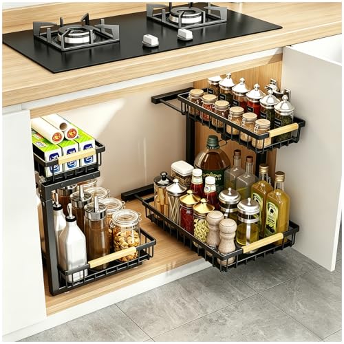 2 Pack Under Sink Organizer, 2-Tier Pull Out Kitchen Cabinet Organizer, Height Adjustable Metal Slide Out Bathroom Organizers and Storage Makeup Drawer Organizer for Office Bedroom (B-Black, 2Pack) - color: B-Black