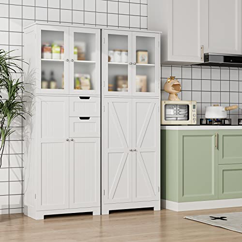 BOTLOG 67'' Tall Bathroom Storage Cabinet, Linen Cabinet with Glass Doors and Adjustable Shelves, Kitchen Pantry with 2 Drawers for Bathroom, Living Room, Dining Room, White | Frosted Glass Doors, Wood Drawers, Kitchen Pantry, Line Cabinet for Bathroom, L