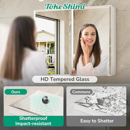 16 x 20 Mirrored Medicine Cabinet, Tempered Beveled Mirror, White Medicine Cabinet with Mirror, Assembly Required, Stepless Adjustable Shelves, Recessed/Wall Mount