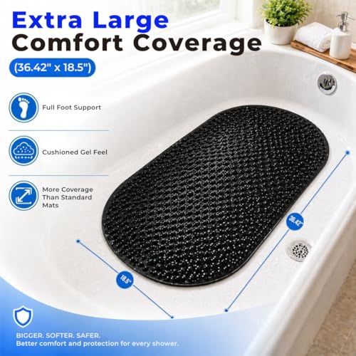 Bath Bliss Jumbo Oval Bath Mat 18x36 Black Color | Non-Slip Aqua Gel Bathtub Mat with Suction Cups | Anti-Slip Shower Safety Mat with Drain Holes