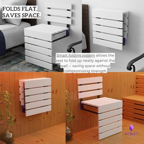 Folding Wall Mounted Teak Wood Shower Seat with Backrest, Water Resistant Foldable Bathroom Stool with Legs, Premium Materials Handmade Shoe Changing Bench, Space Saving and Super Safe Chair (White) - color: White