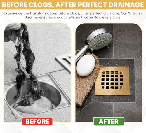 4-1/4” Square Snap-in Champagne Bronze Shower Drain - Stainless Steel Replacement - 4.25 inch Durable Floor Cover -Snap-in - Easy Installation Universal Grate Strainer - color: Champagne Bronze