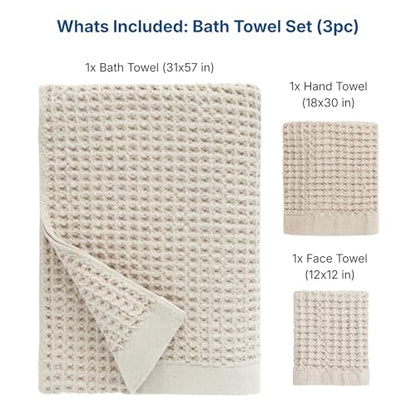 ONSEN Supima® Waffle Bath Towel Set, Quick Dry Lint Free 100% USA Cotton, Bath Hand and Face Towel Bundle, 3 Piece (Oatmeal, Bath Towel Set) - color: Oatmeal, size: Bath Towel Set