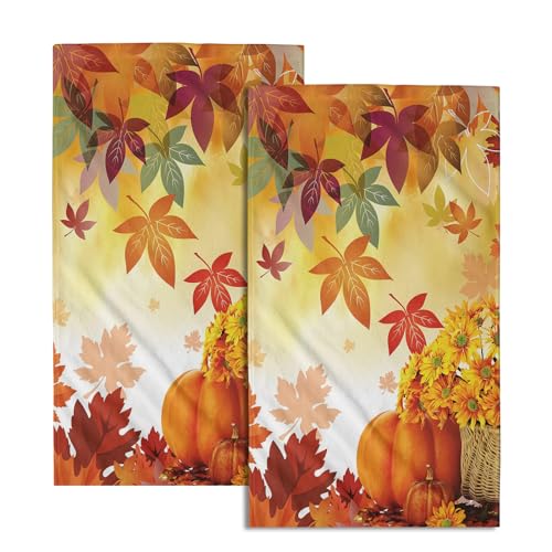 Giwawa Fall Pumpkin Towels 15x30 Set of 2, Autumn Maple Leaves Yellow Sunflowers Hand Towel, Seasonal Farmhouse Thanksgiving Harvest Face Towel Washcloth for Bathroom Hotel Guest Log Cabin Decoration - color: Pumpkin