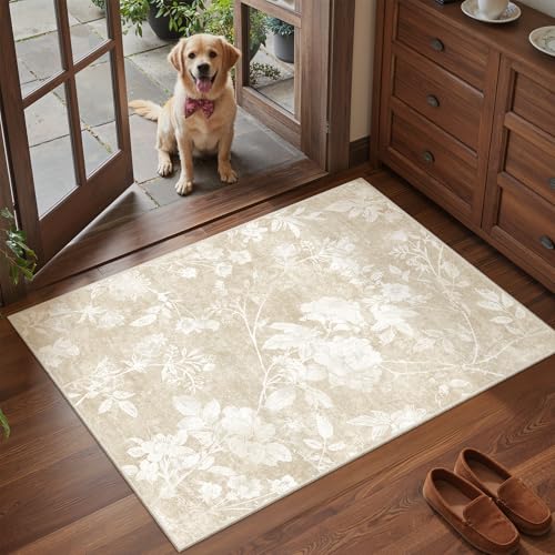 Soalmost Floral Washable Rugs 2x3, Soft Neutral Doormat for Entryway Beige | Kitchen Oriental Vintage Throw Area Rug, Low-Pile Non-Slip Small Thin Carpet for Bathroom Laundry Room Bedroom 2'x3' - color: Floral Beige, size: 2' x 3' (Rectangular)