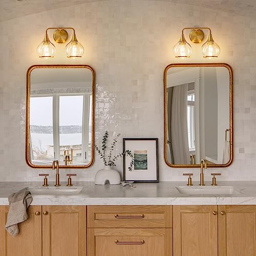 Gold Bathroom Light Fixtures 2-Lights Vanity Lights with Clear Glass Shade Bathroom Vanity Light 14 Inch Wall Sconces(Exclude E26 Bulb)… - color: Gold, size: 2 Light