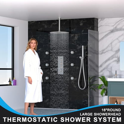 HOMEDEC 16inch Round Ceiling Mounted Full Body Shower System, 3 Way Diverter Valve with 2-Function Handheld Shower and Massage Jets, Brushed Nickel - color: Brushed Nickel, style: 3-Way