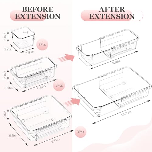 DILIBRA 16 Pcs Clear Extendable Drawer Organizer, Adjustable Drawer Storage | 3-Size Desk Drawer Organizer, Plastic Non-Slip Storage Bins for Makeup Cosmetic Jewelries Utensils Stationery Dressers Tool - size: 3Pcs Large + 5Pcs Medium + 8Pcs Small