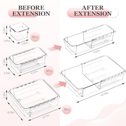 DILIBRA 16 Pcs Clear Extendable Drawer Organizer, Adjustable Drawer Storage | 3-Size Desk Drawer Organizer, Plastic Non-Slip Storage Bins for Makeup Cosmetic Jewelries Utensils Stationery Dressers Tool - size: 3Pcs Large + 5Pcs Medium + 8Pcs Small