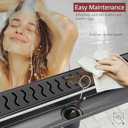 Linear Shower Drain, 32 inch Matte Black | Including Hair Catcher and Removable Grate, 304 Stainless Steel, Easy to Install and Clean (Drain Base Not Included) - color: Matte Black, size: 32 inch