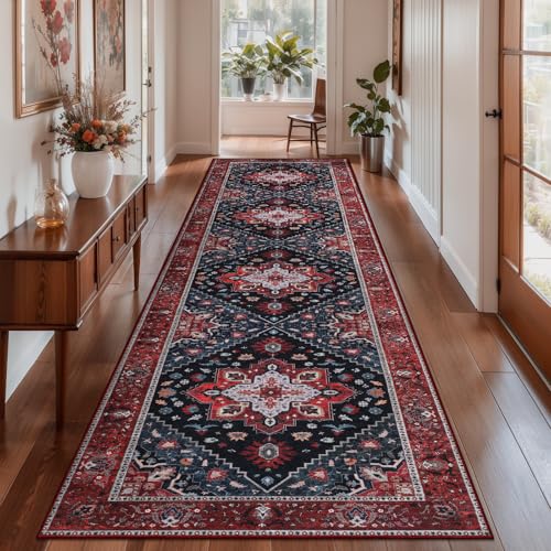Ciicool 3x10ft Hallway Non Slip Rug, Washable Runner Rug Soft Pet Friendly Indoor Floor Long Carpet Low Pile Rug for Bathroom Kitchen Living Room Bedside Entryway - color: Dark Blue/Red, size: 3' x 10' (Runner)
