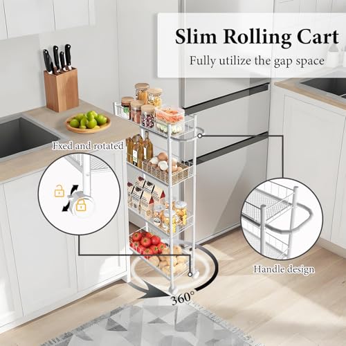 Utility Slim Storage Cart, 4-Tier Storage Cart, Narrow Cart with Handle, 7.1 Inches Deep, Metal Frame, for Kitchen, Dining Room, Living Room, Home Office, Rustic Brown and Classic (4 Tier White) - color: 4 Tier White