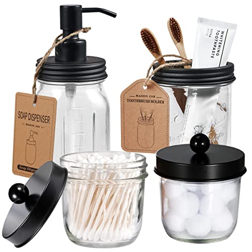 Amolliar Mason Jar Bathroom Accessories Set, 4Pcs Glass Bathroom Set, Black | Lotion Soap Dispenser, 2 Cotton Swab Holder, Toothbrush Holder, Rustic Farmhouse Bathroom Decor, Countertop Vanity Organizer - size: Black, style: Wide-mouth
