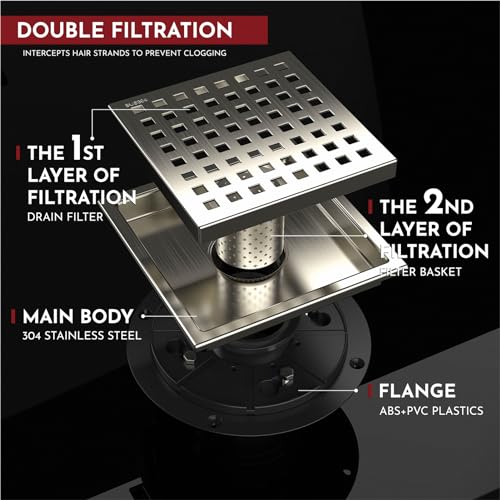 6 Inch Square Shower Floor Drain with Flange,Quadrato Pattern Grate Removable,Food-Grade SUS 304 Stainless Steel,Watermark&CUPC Certified,Brushed Nickel - color: Brushed Nickel, size: 6 Inch