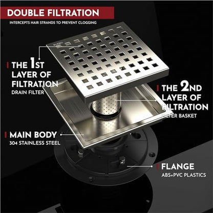 6 Inch Square Shower Floor Drain with Flange,Quadrato Pattern Grate Removable,Food-Grade SUS 304 Stainless Steel,Watermark&CUPC Certified,Brushed Nickel - color: Brushed Nickel, size: 6 Inch